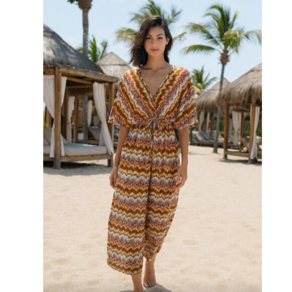 World Market Mira Brown And Purple Ritmo Geometric Kaftan Dress S/M - Picture 5 of 11